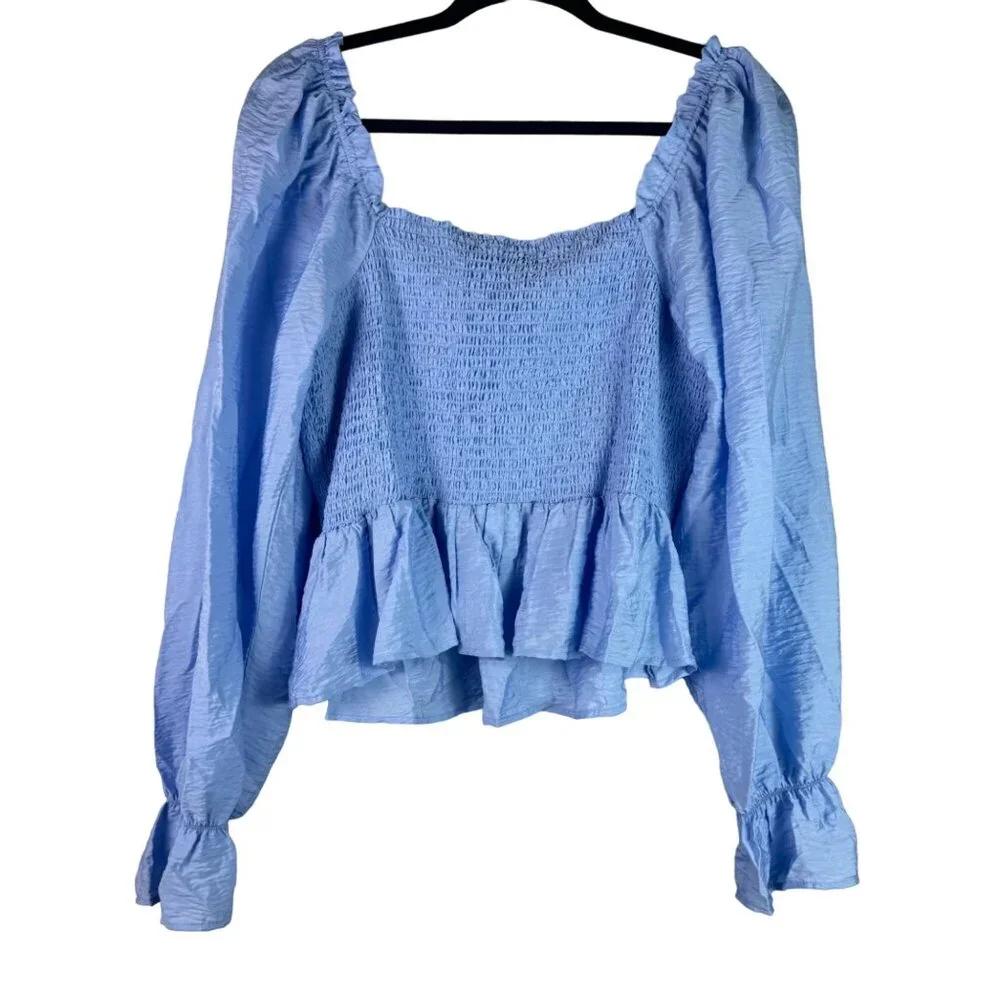 🟣 Forever 21 Womens Blue Puffy Blouse Long Sleeve Size 1X - Picture 1 of 6